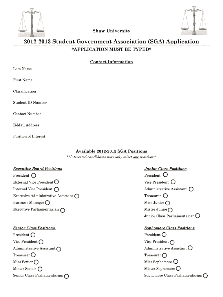 SGA Application Shaw University  Form