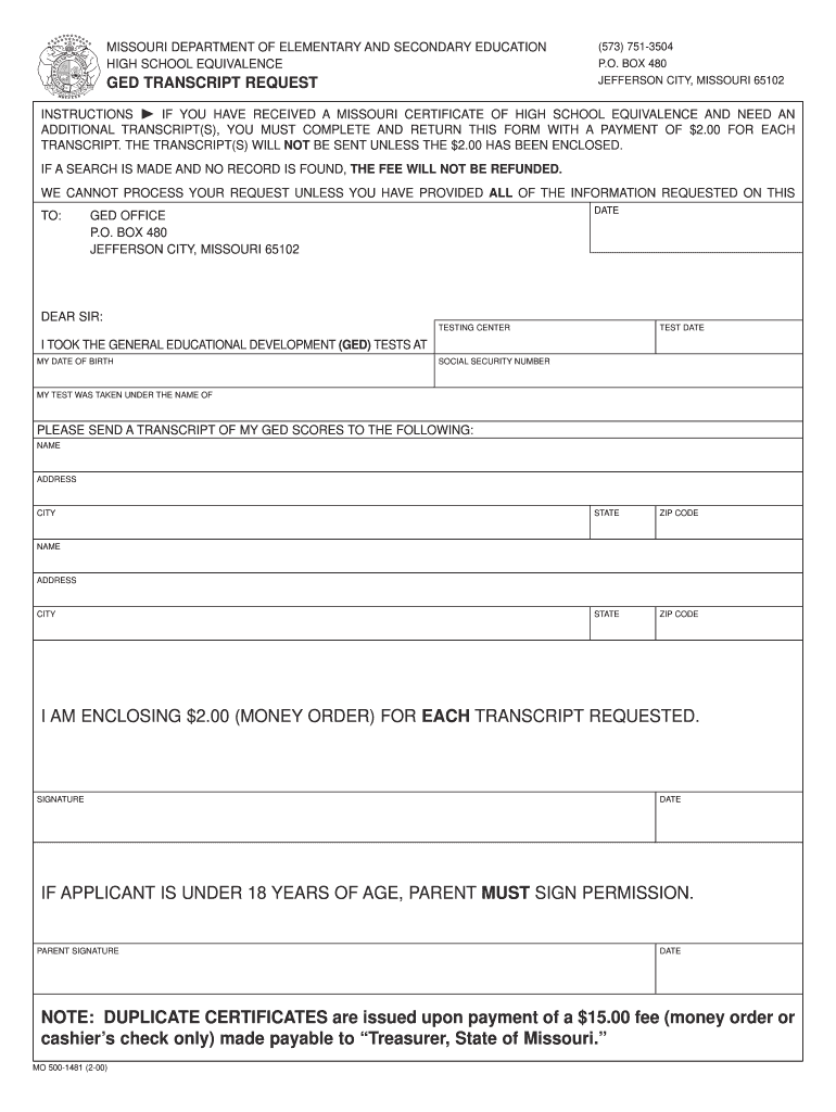  Ged Request Form Missouri 2000-2023