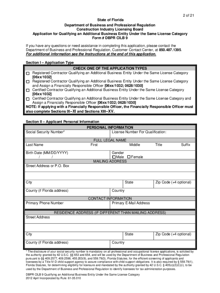 Get and Sign 1 of 21 State of Florida Department of Business and Professional Regulation Construction Industry Licensing Board Application Fo  Form