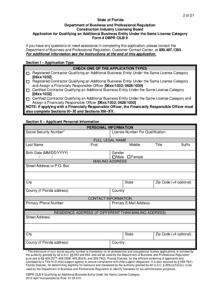 1 of 21 State of Florida Department of Business and Professional Regulation Construction Industry Licensing Board Application Fo  Form