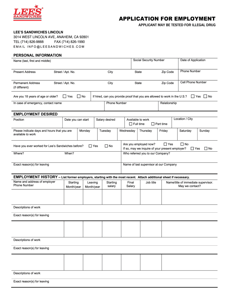 Lee's Sandwiches Application Form