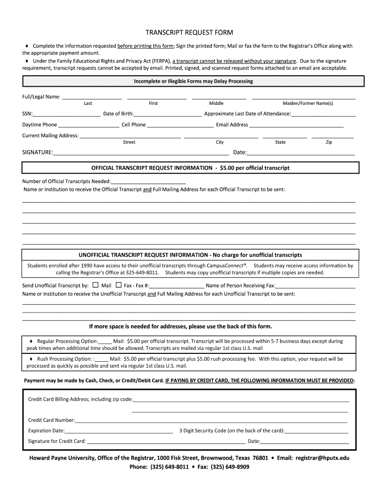 Howard Payne University Transcript Request  Form