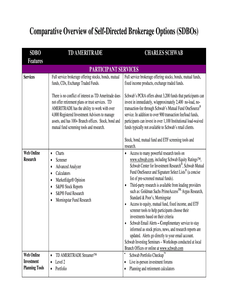 Comparative Overview of Self Directed Brokerage Options SDBOs Form