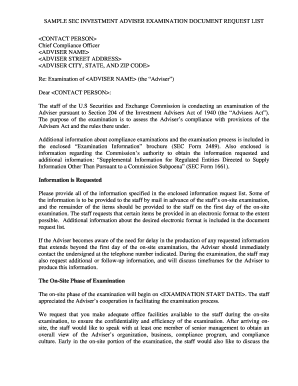 Sample Sec Investment Adviser Examination Document Request List Form