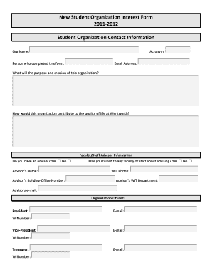 New Student Organization Interest Form Student Wit