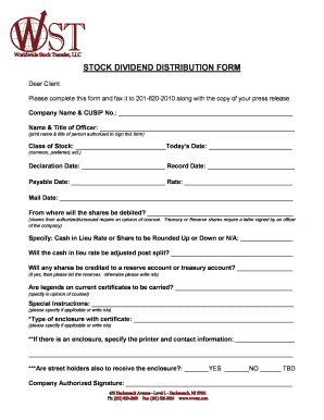 STOCK DIVIDEND DISTRIBUTION FORM Worldwide Stock Transfer