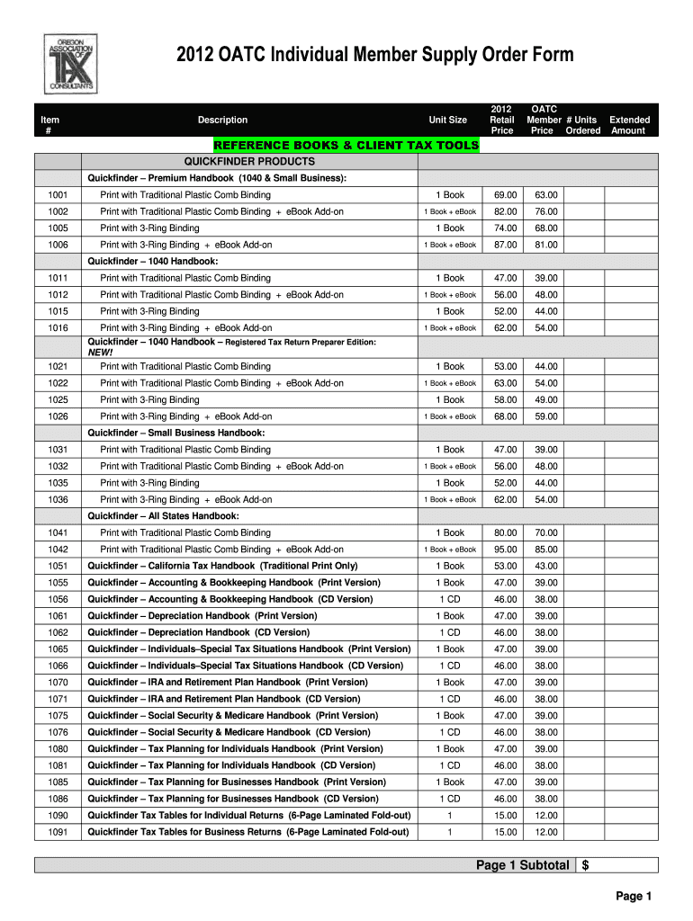 OATC Individual Member Supply Order Form Oatc Oregon