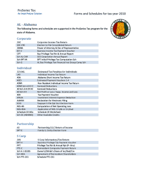 Forms and Schedules for Tax Year AL Alabama the Following Forms and Schedules Are Supported in the ProSeries Tax Program for the