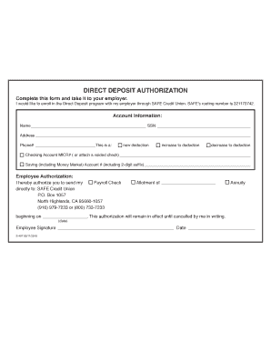 Safe Credit Union Direct Deposit  Form