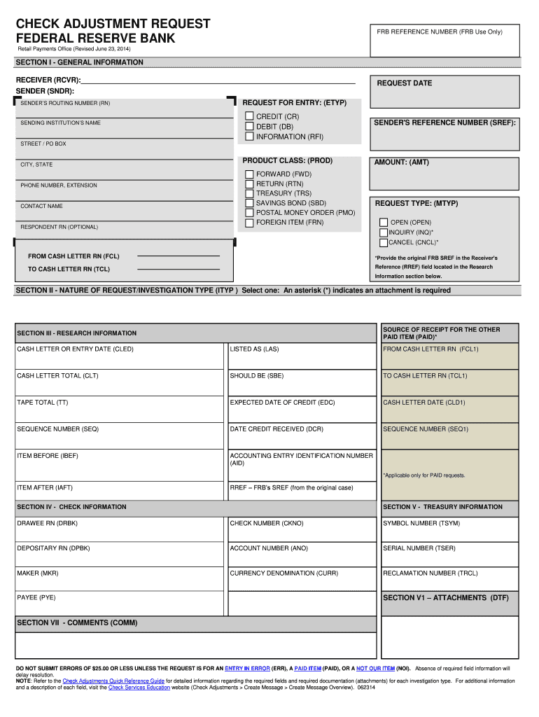 Adjustment Request Form FRBservices Org Frbservices