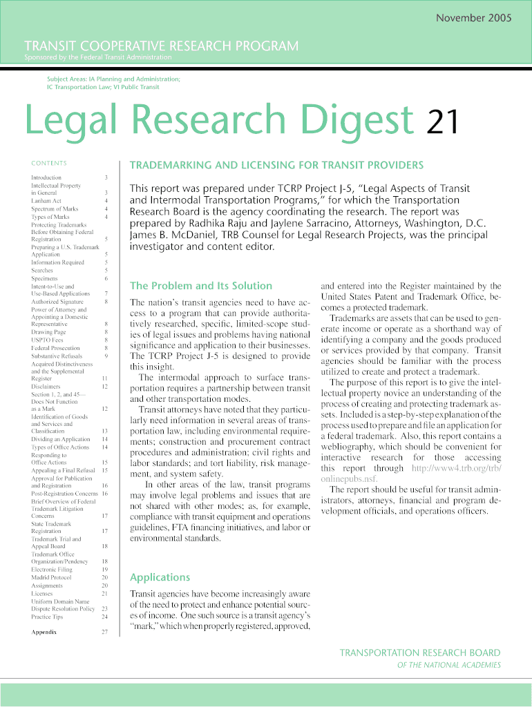 Legal Research Digest 21 Transportation Research Board Trb  Form