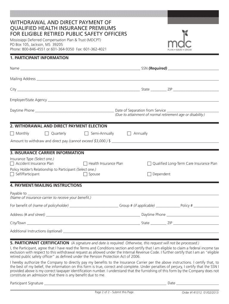 WITHDRAWAL and DIRECT PAYMENT of QUALIFIED HEALTH INSURANCE PREMIUMS for ELIGIBLE RETIRED PUBLIC SAFETY OFFICERS  Form