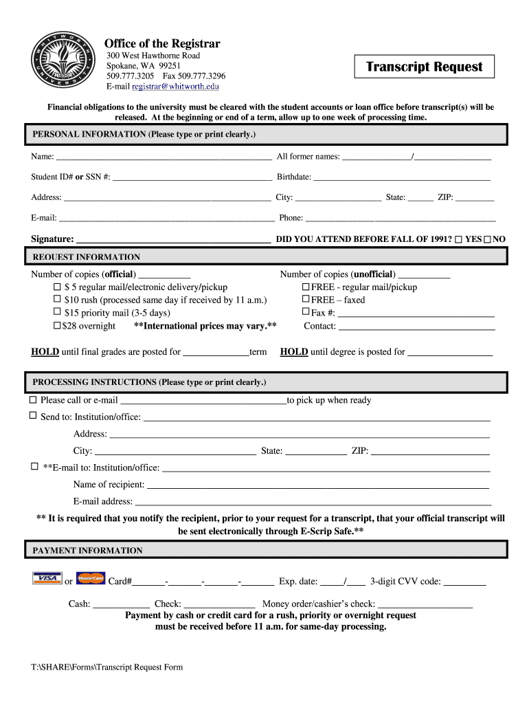 Whitworth University Transcript Request  Form