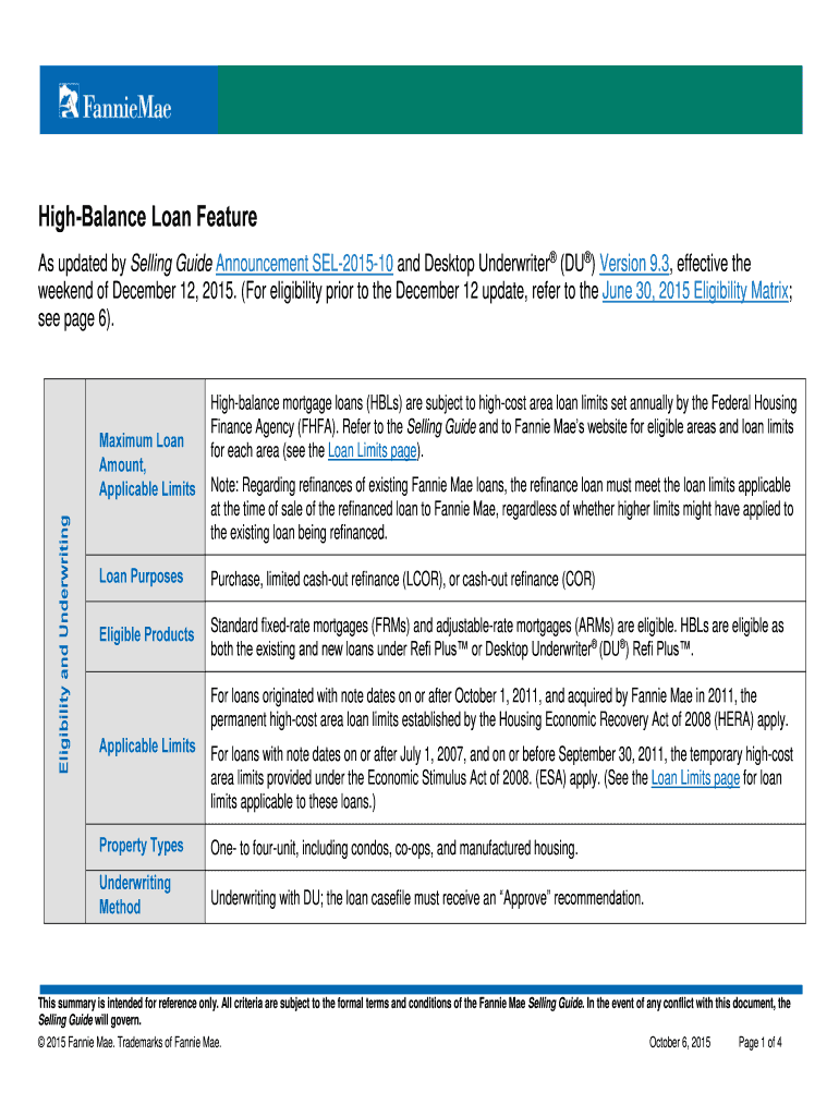 High Balance Loan Feature  Form