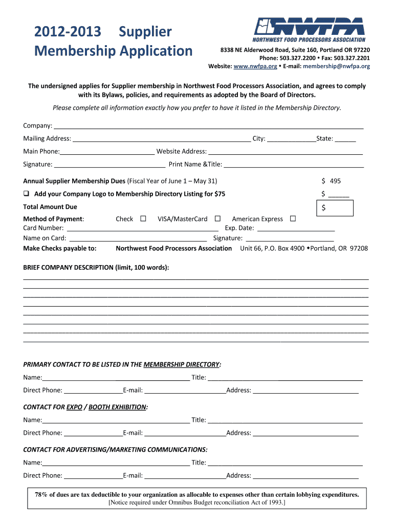 Supplier Membership Application Northwest Food  Form