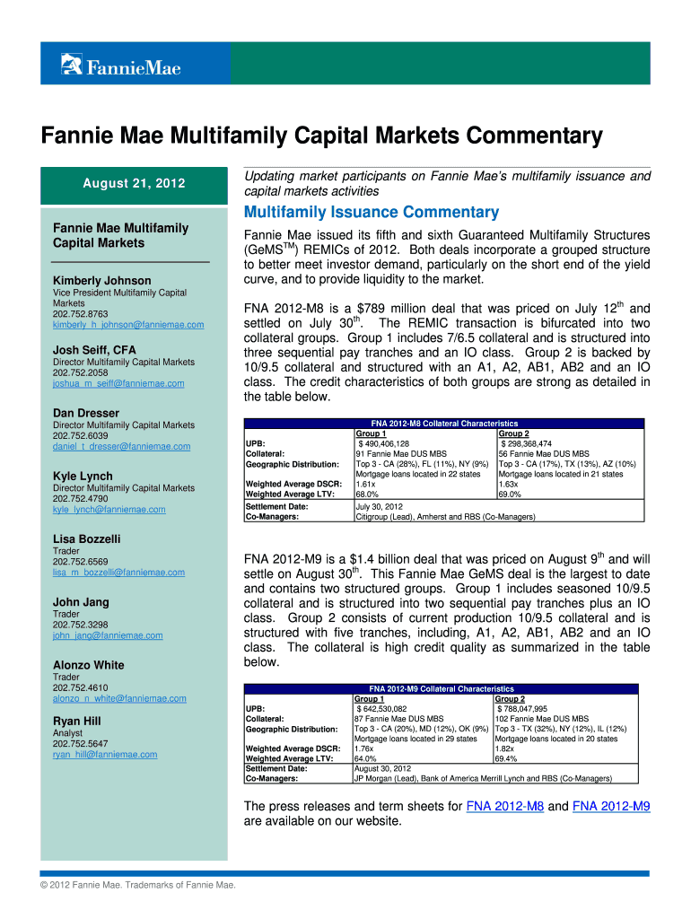 Updating Market Participants on Fannie Maes Multifamily Issuance and  Form