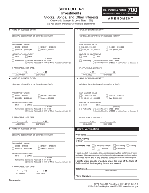 SCHEDULE a 1 Investments Stocks, Bonds, and Other Interests CALIFORNIA FORM 700 FAIR POLITICAL PRACTICES COMMISSION AMENDMENT Ow