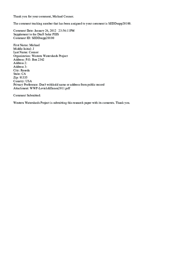 Volume 7, Draft Solar PEIS Comments, Solarsupp20100 20109, Final Programmatic Environmental Impact Statement for Solar Energy De  Form