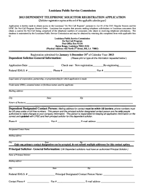 Louisiana Public Service Commission DEPENDENT TELEPHONIC SOLICITOR REGISTRATION APPLICATION Lpsc Louisiana  Form