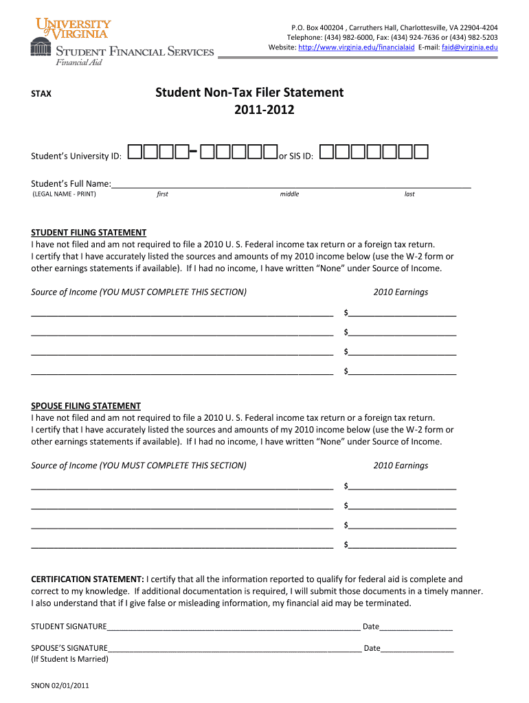 Student Non Tax Filer Statement University of Virginia  Form