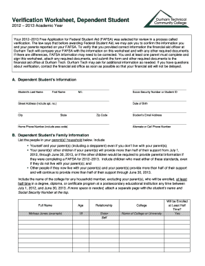 Verification Worksheet, Dependent Student Durhamtech  Form
