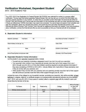 Verification Worksheet, Dependent Student Durhamtech Form