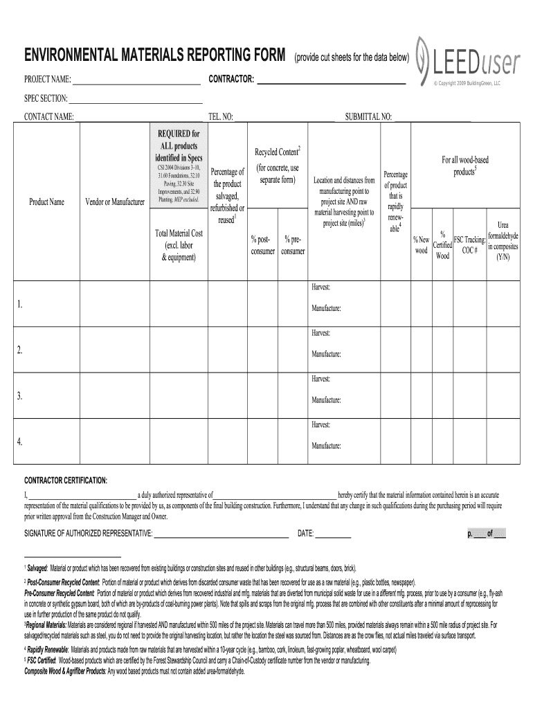 Leed Materials Reporting Form