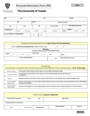 Personal Information Form PIF the University of Toledo Name SSN City Marital Status State Last Address Zip First Number and Stre