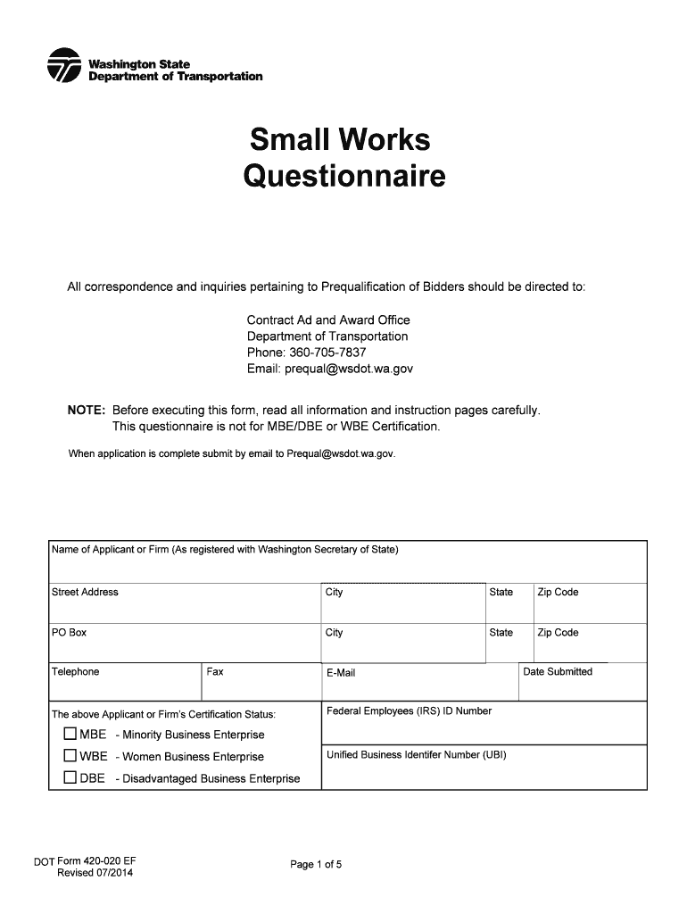 Small Works Questionnaire Washington State Department of Wsdot Wa  Form