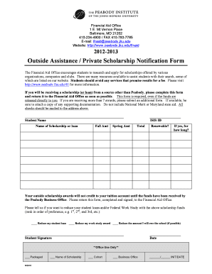 Outside Assistance Private Scholarship Notification Form Peabody Jhu