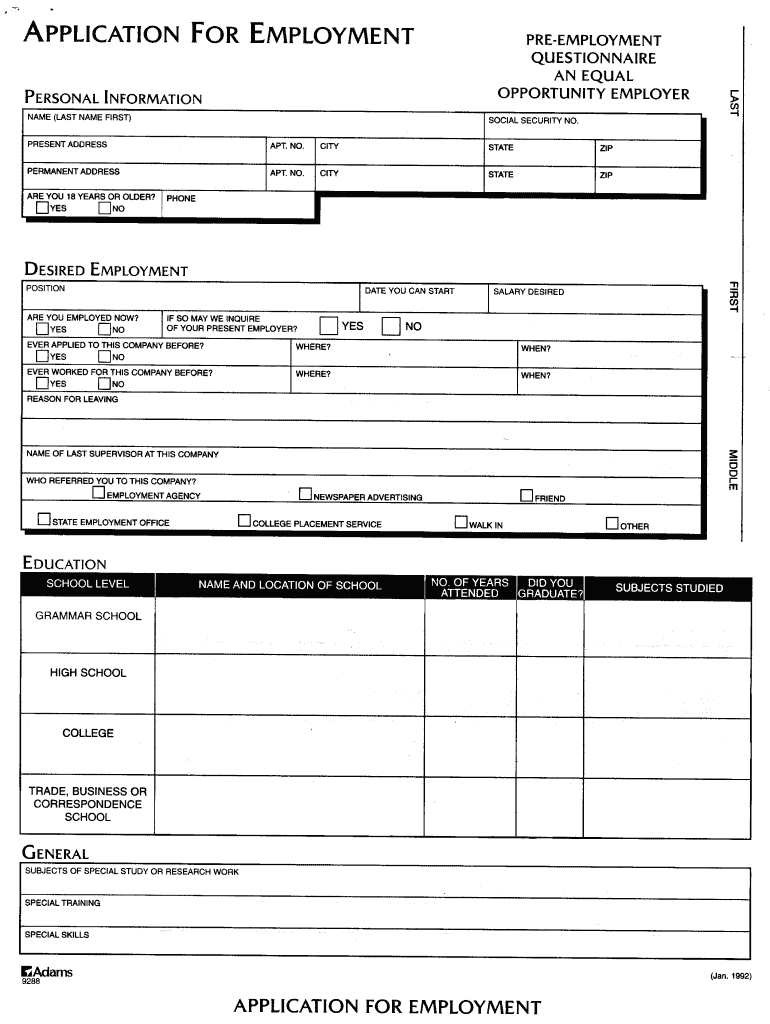 Application for Employment Pre Employment Questionnaire  Form