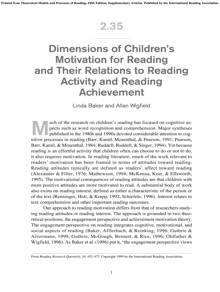 Dimensions of Children&#039;s Motivation for Reading and Their Relations to Reading Activity and Reading Achievement Section Two  Form
