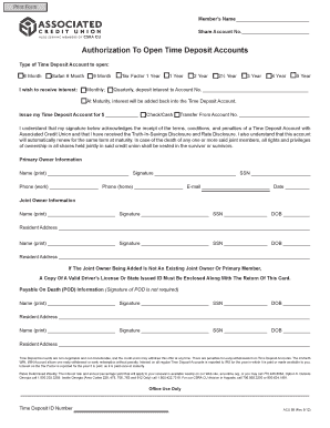 Authorization to Open Time Deposit Accounts Associated Credit  Form