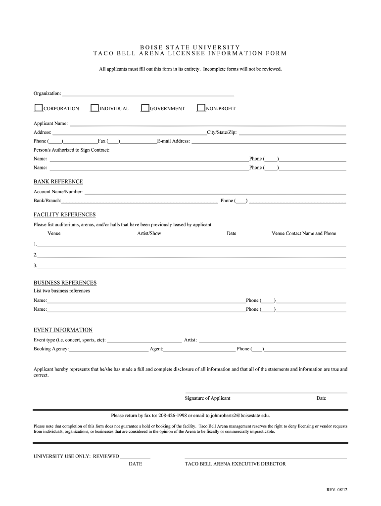 Licensee Information Form Taco Bell Arena
