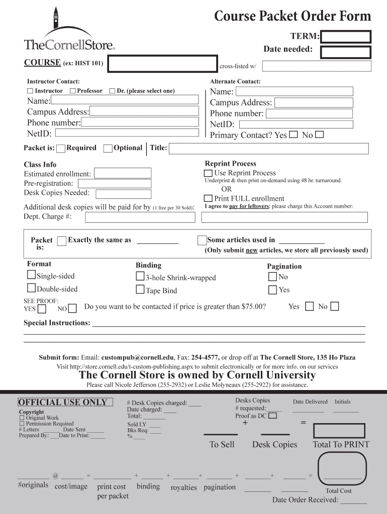 Course Packet Order Form the Cornell Store Cornell University Store Cornell