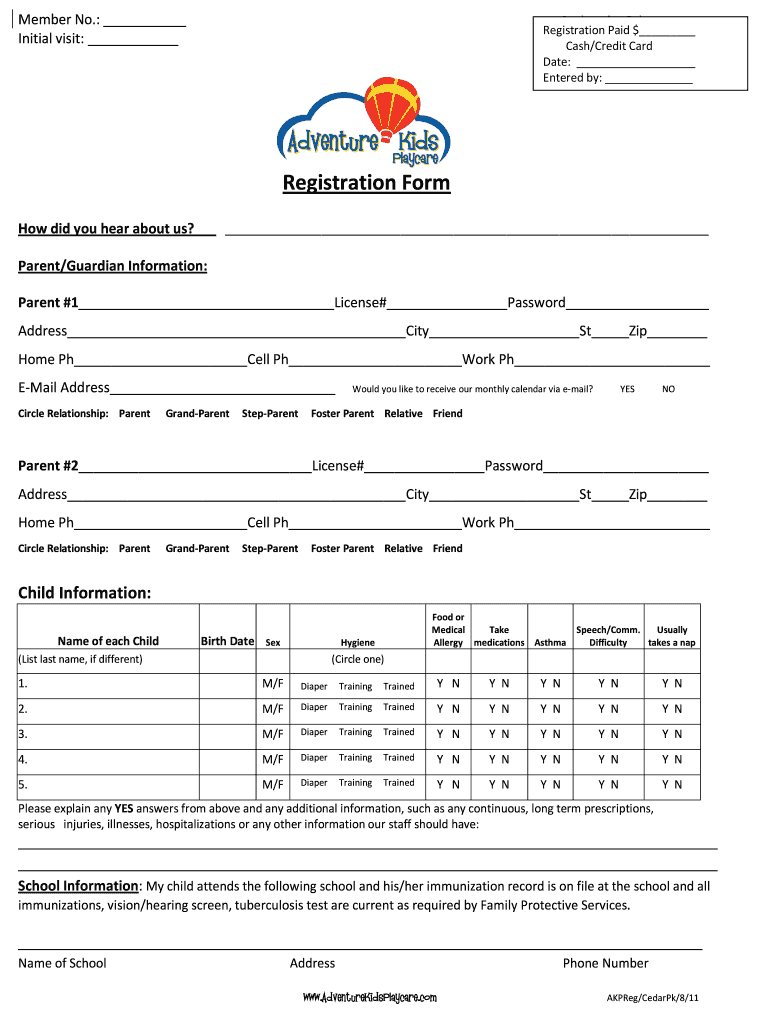 Get and Sign Adventure Kids Playcare PDF Form 2011
