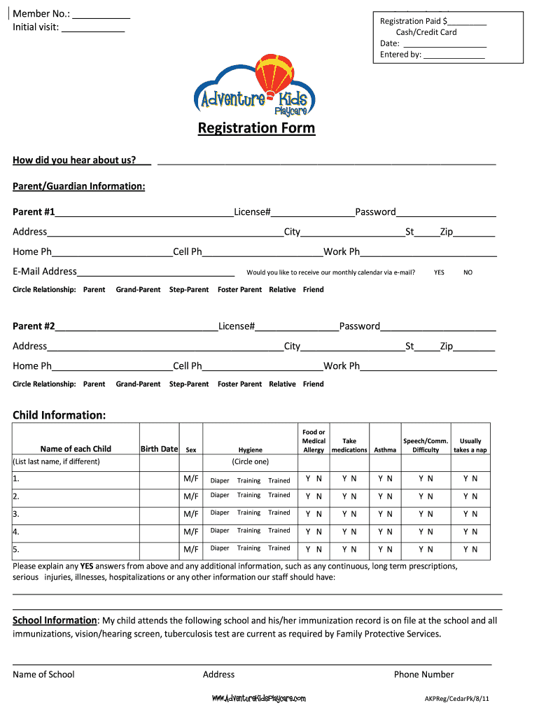  Adventure Kids Playcare PDF Form 2011