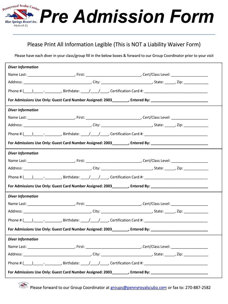 Pre Admission Form Pennyroyal Scuba Center