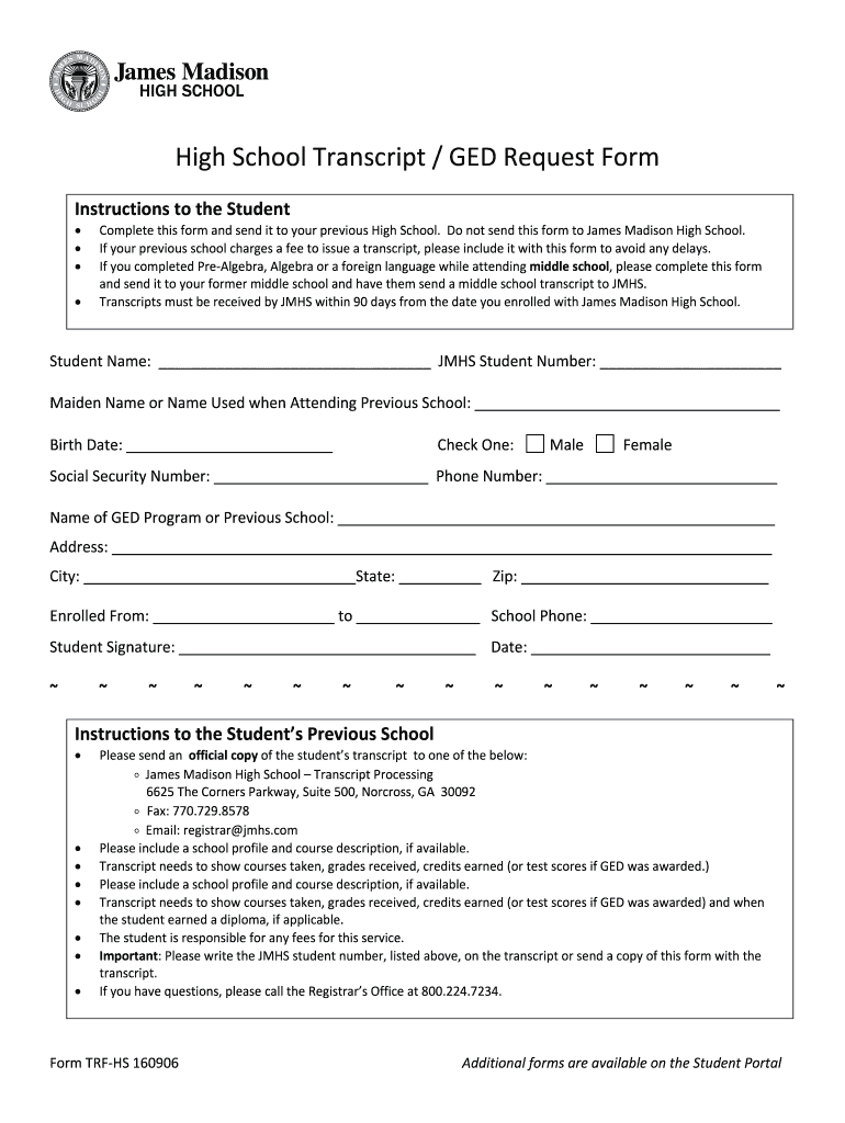James Madison High School Transcript  Form