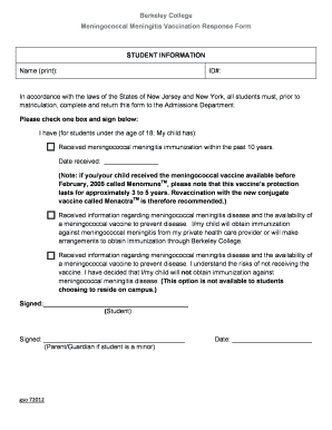 Meningococcal Meningitis Vaccination Response Form PDF Berkeleycollege