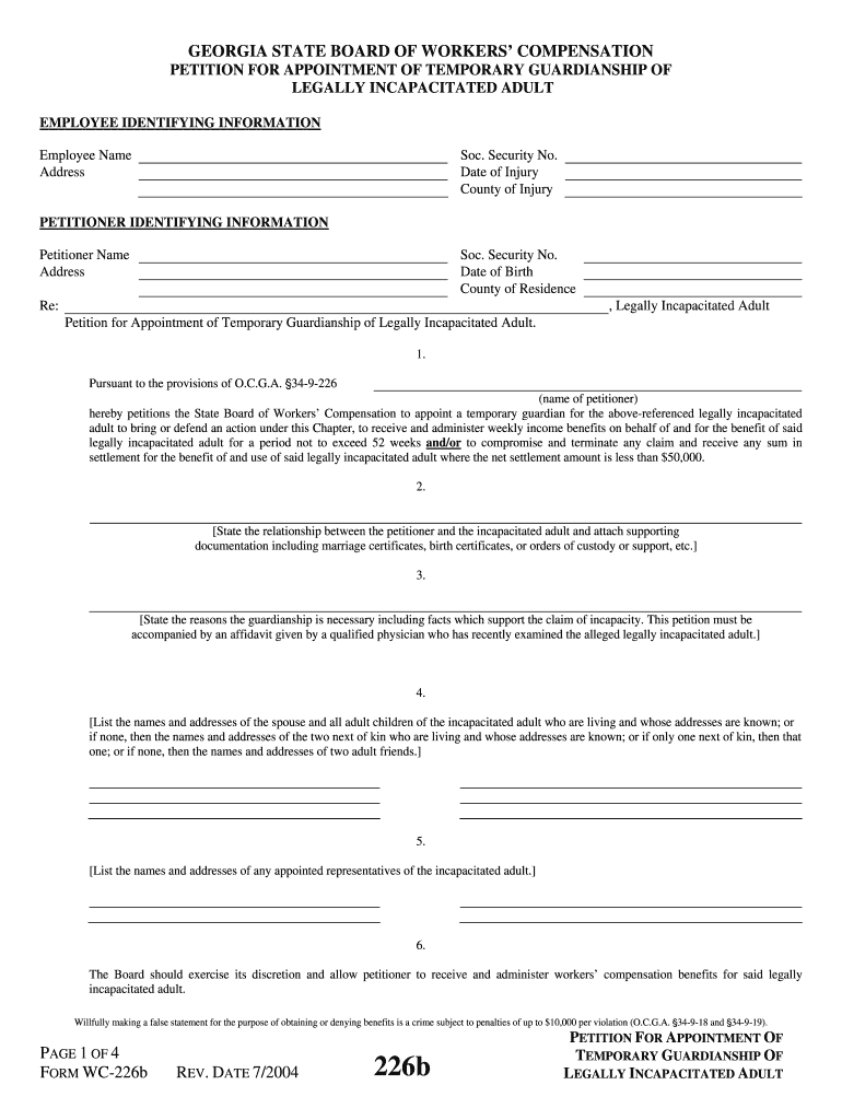 GEORGIA STATE BOARD of WORKERS&#039; COMPENSATION PETITION for APPOINTMENT of TEMPORARY GUARDIANSHIP of LEGALLY INCAPACITATED AD  Form