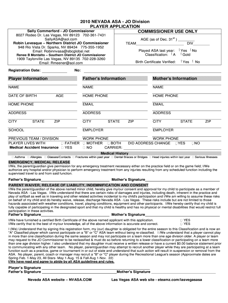 NEVADA ASA JO Division PLAYER APPLICATION  Form