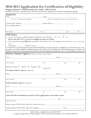 Application for Certification of Eligibility Oregon Volunteer* EMS Provider Tax Credit ORS 316 Ohsu  Form