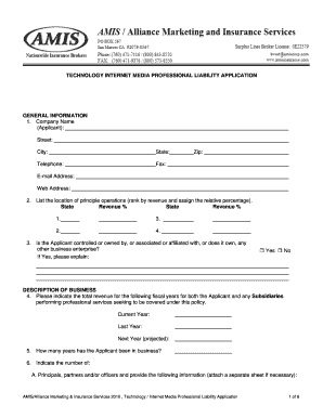 TechnologyInternetMedia Professional Liability Application  Form