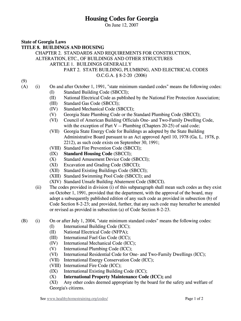 Housing Codes for Georgia  Form