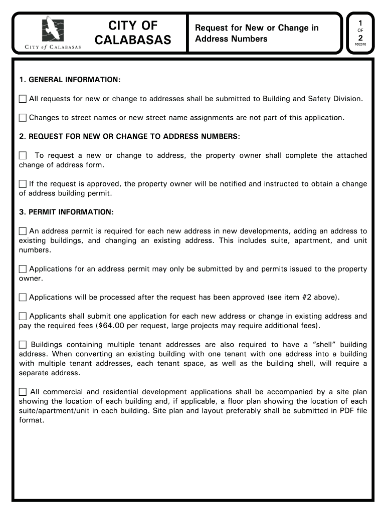 Address Numbers Request City of Calabasas  Form