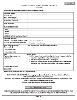 BLOOMFIELD COLLEGE HONORS PROGRAM APPLICATION  Form