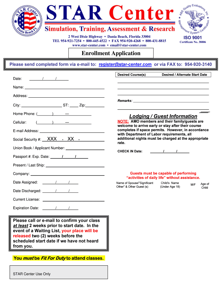 Enrollment Application STAR Center  Form