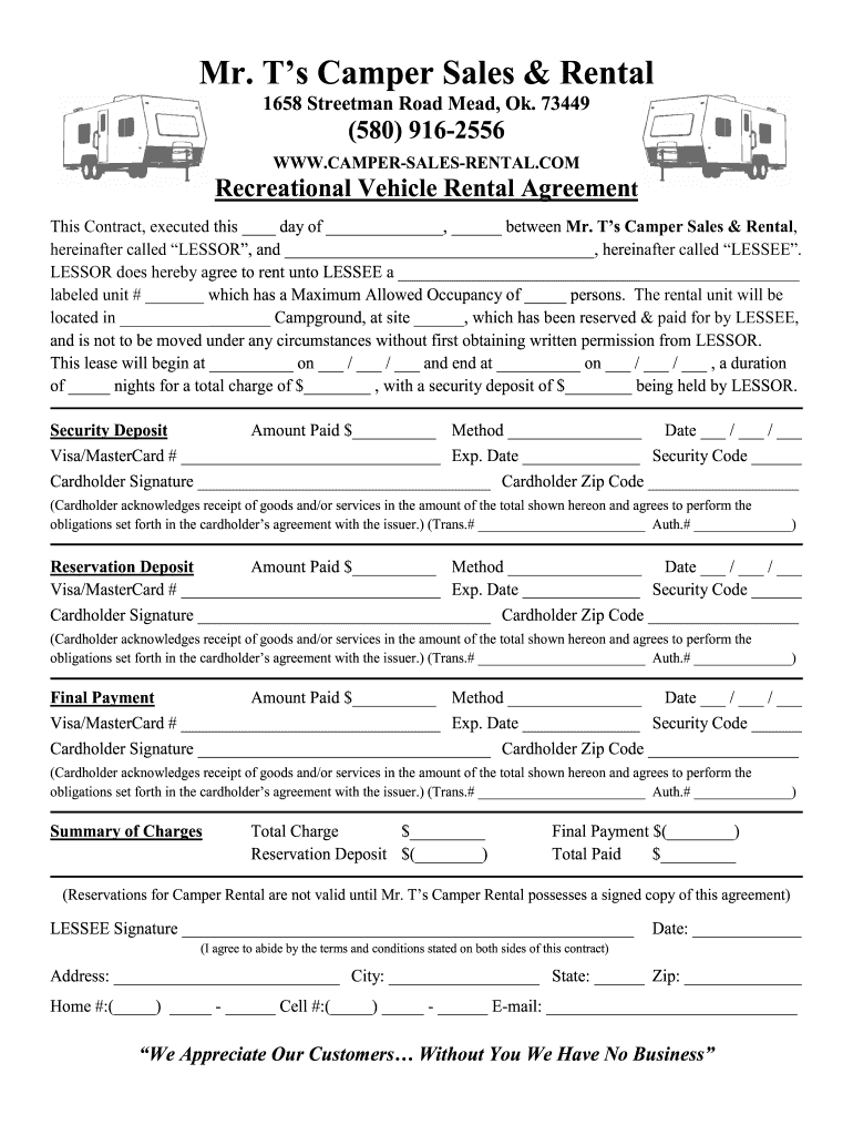 Blank Rv Rental Agreement  Form