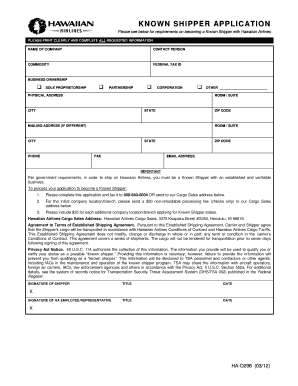 KNOWN SHIPPER APPLICATION Hawaiian Airlines  Form